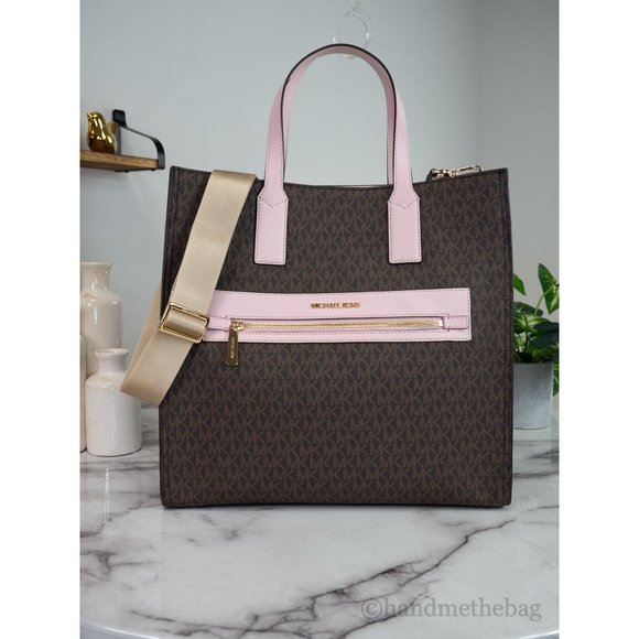 NEW Michael Kors Kenly Large North South Tote Bag Brown Pink Signature Computer - Picture 2 of 9